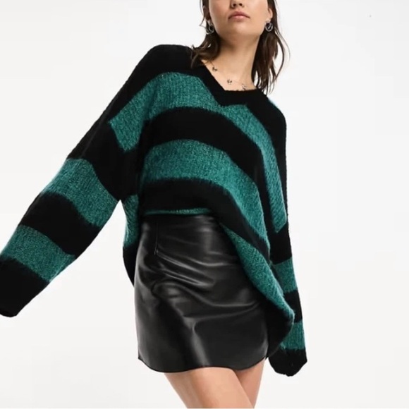 ALL SAINTS Lou Sparkle V Neck Knitted Sweater Black Blue Stripe large - Picture 1 of 9